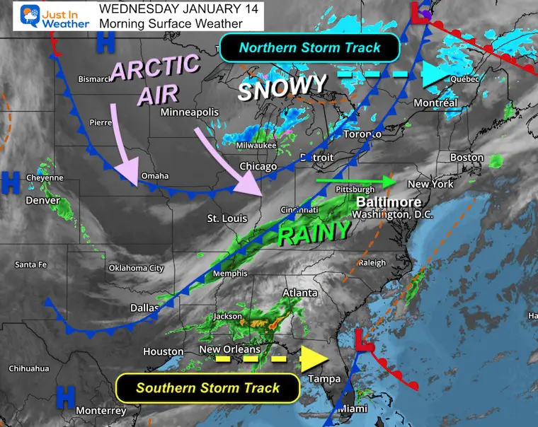 January 14 weather storm map Wednesday morning
