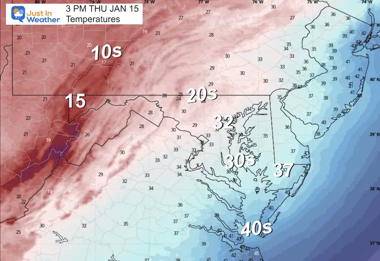 January 14 weather temperatures Thursday afternoon
