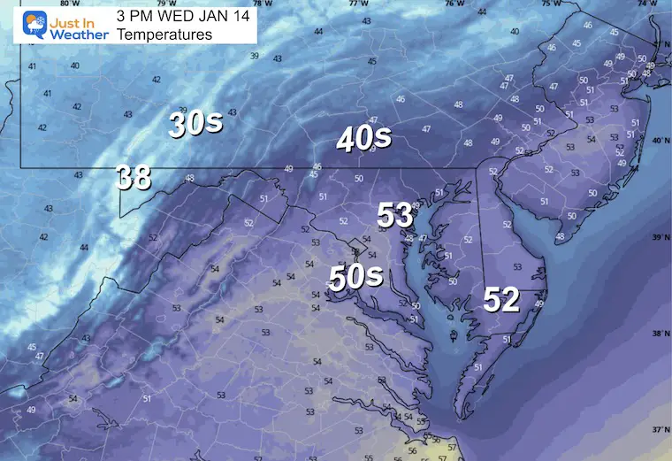 January 14 weather temperatures Wednesday afternoon