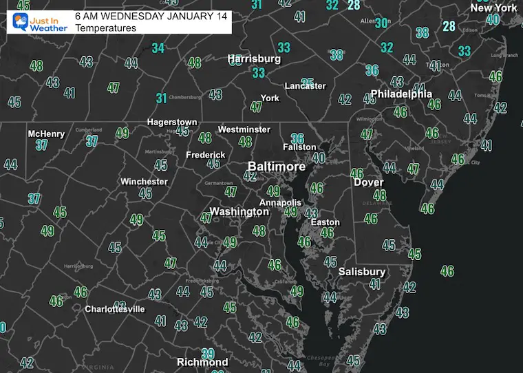 January 14 weather temperatures Wednesday morning