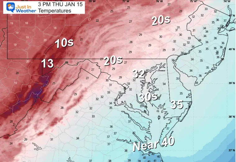 January 15 weather temperatures Thursday afternoon