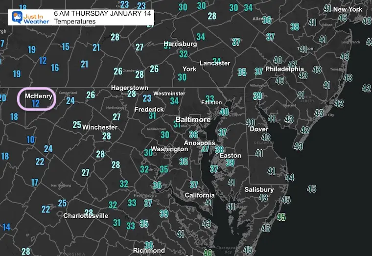 January 15 weather temperatures Thursday morning