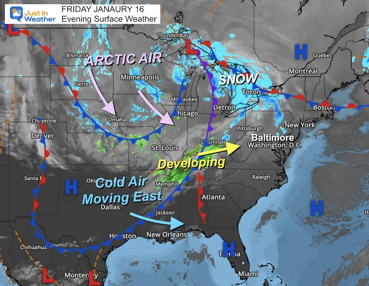 January 16 weather storm map Friday evening