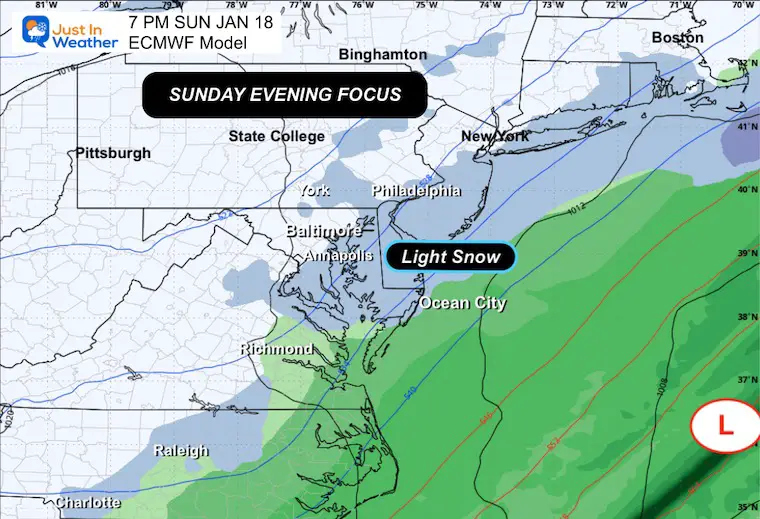 January 16 weather forecast storm Sunday evening