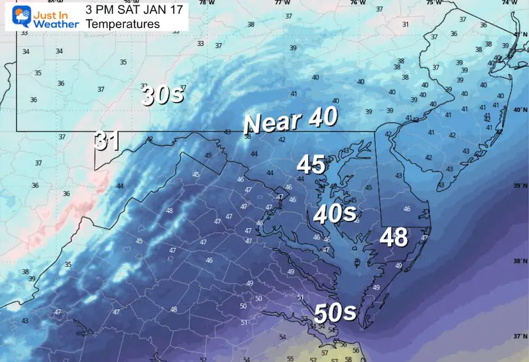 January 16 weather temperatures Saturday afternoon