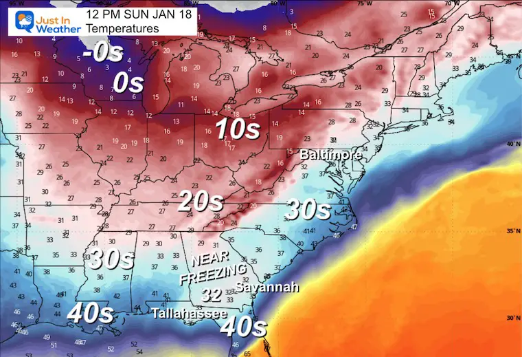 January 16 forecast temperatures Sunday