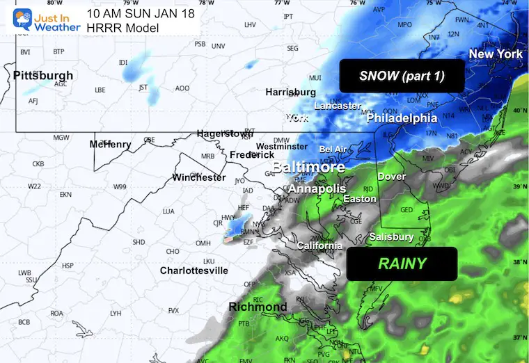 January 17 weather storm forecast radar snow Sunday 10 AM HRRR