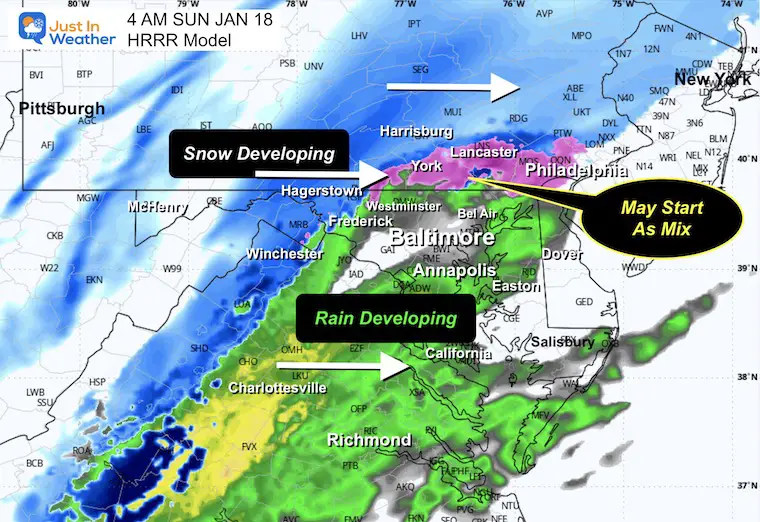 January 17 weather forecast radar snow Sunday 4 AM HRRR