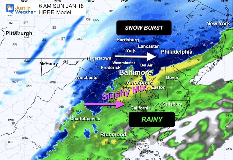January 17 weather storm forecast radar snow Sunday 6 AM HRRR