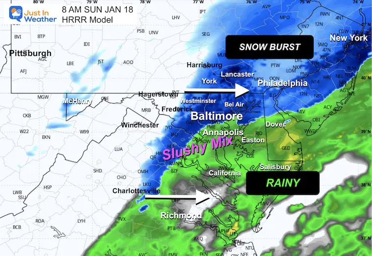 January 17 weather storm forecast radar snow Sunday 8 AM HRRR
