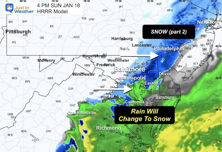 January 17 weather storm forecast radar snow Sunday 4 PM HRRR