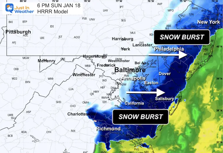 January 17 weather storm forecast radar snow Sunday 6 PM HRRR