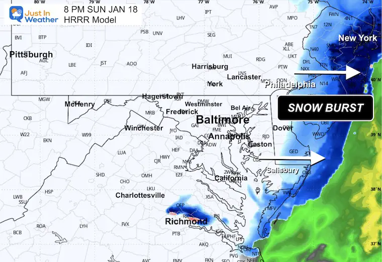 January 17 weather storm forecast radar snow Sunday 8 PM HRRR
