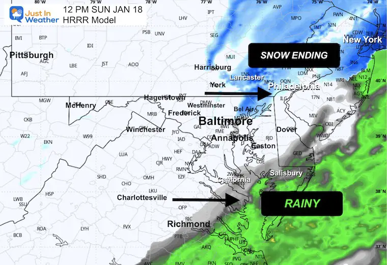 January 17 weather storm forecast radar snow Sunday 12 PM HRRR