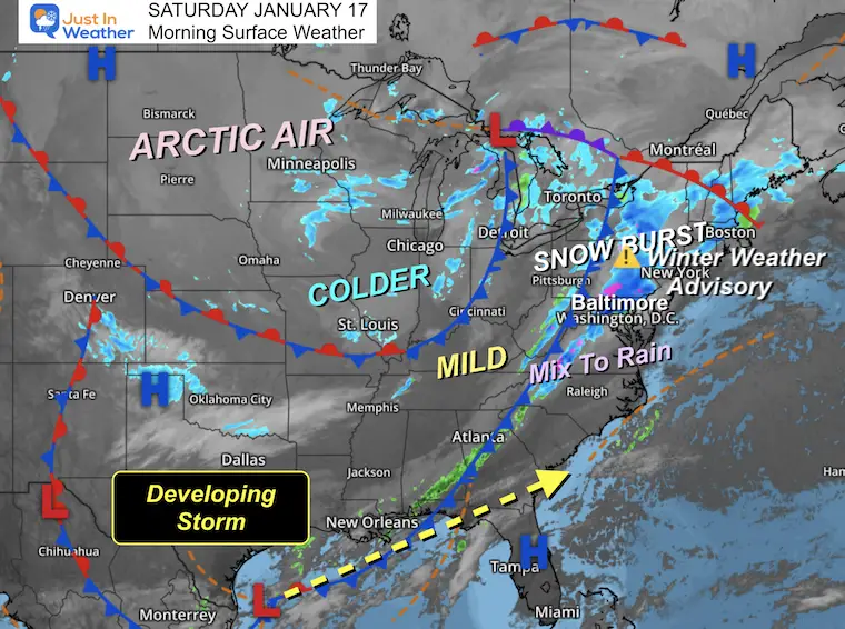 January 17 weather snow storm map Saturday morning 