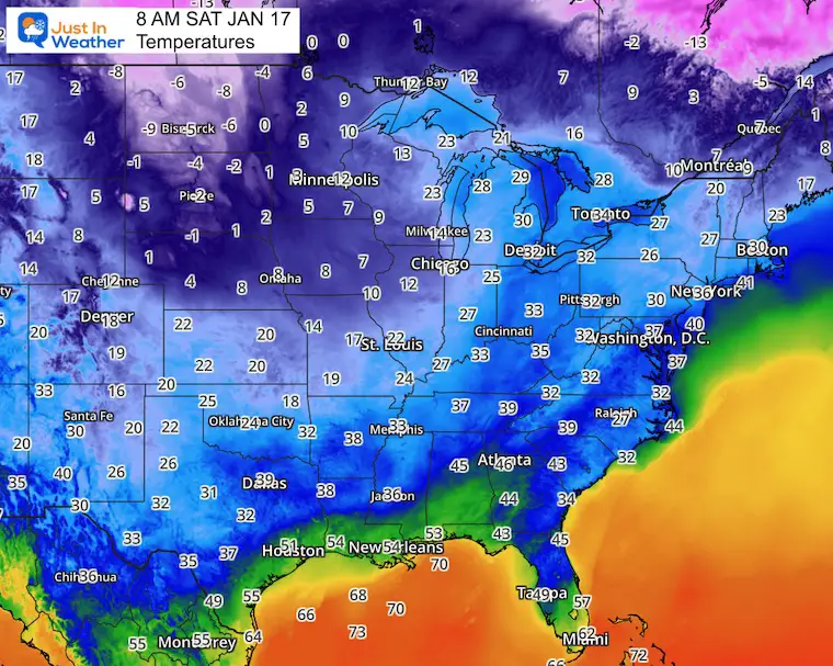 January 17 weather-temperatures Saturday morning Eastern Us