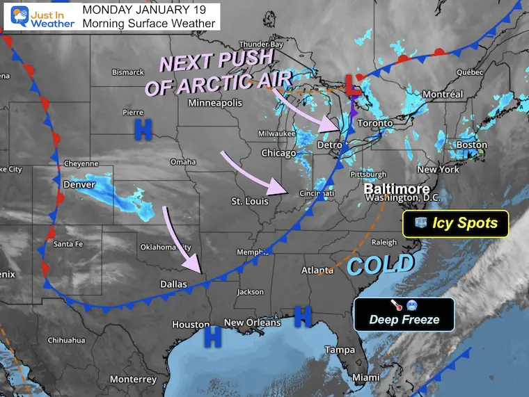 January 19 weather map Monday Morning MLK Day