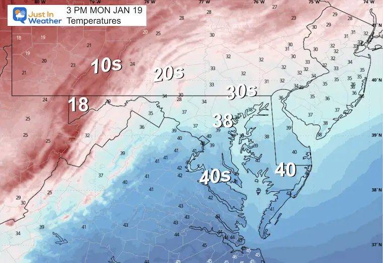 January 19 weather forecast temperatures Monday afternoon