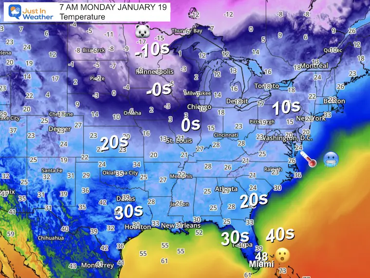 January 19 weather temperatures Monday morning Eastern US MLK Day