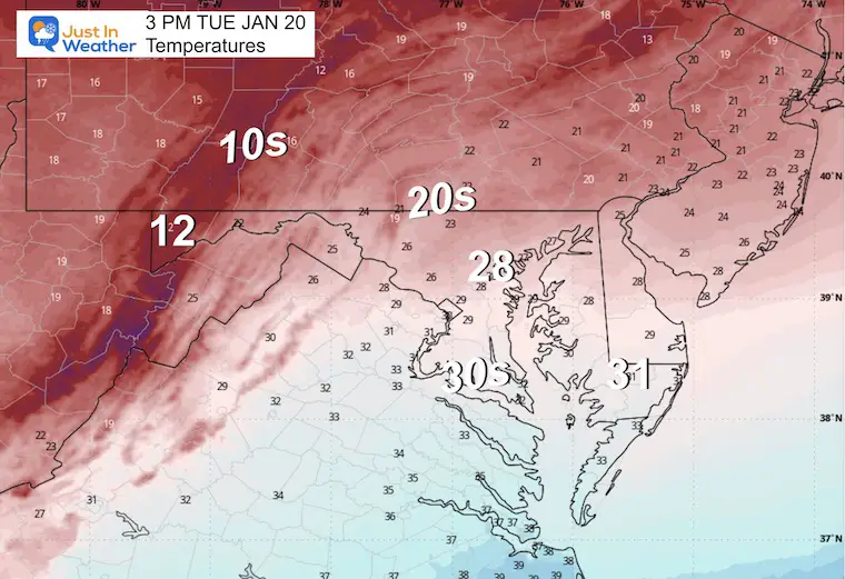 January 19 weather forecast temperatures Tuesday afternoon