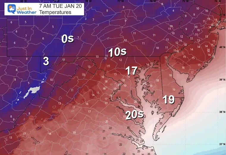 January 19 weather forecast temperatures Tuesday morning