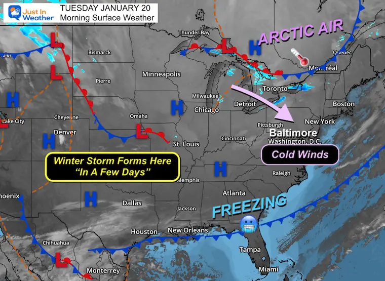 January 20 weather storm map cold Tuesday morning