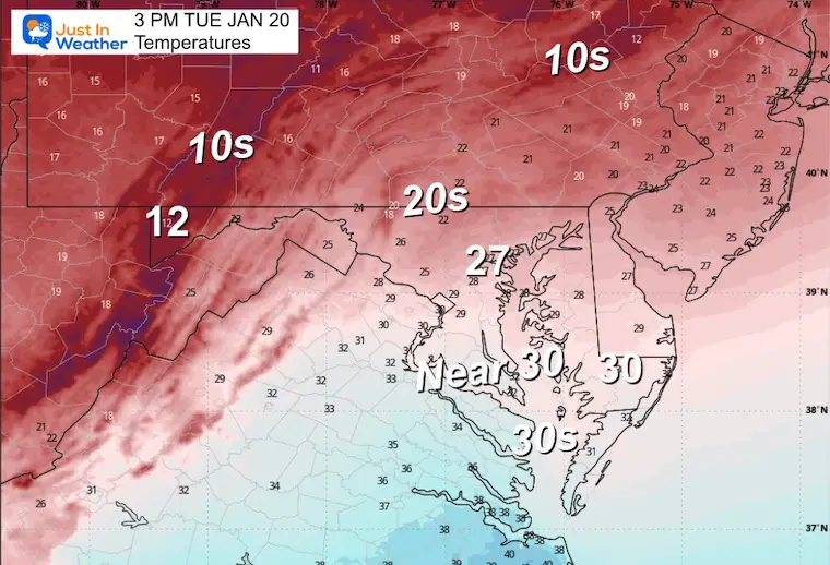 January 20 weather temperatures Tuesday and