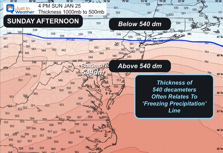 January 21 weather winter storm Sunday afternoon thickness 1000 to 500 mb