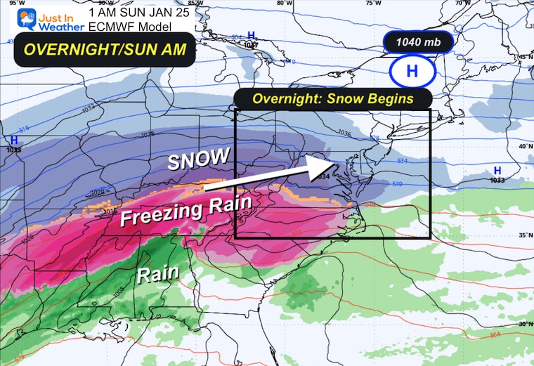 January 21 winter storm weather forecast Saturday overnight