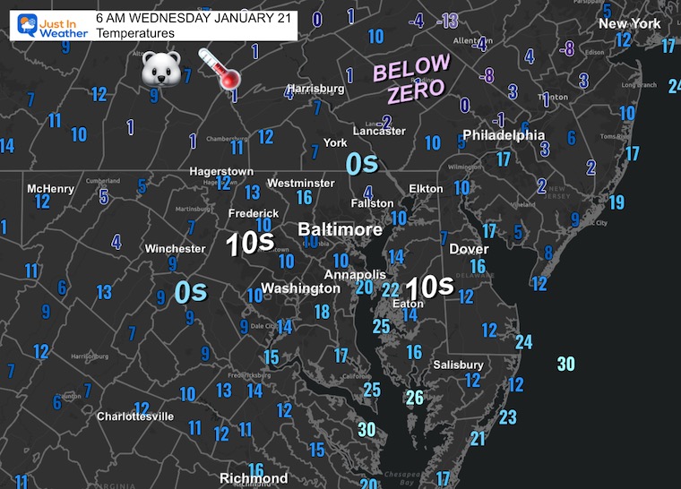 January 21 weather temperatures Wednesday morning