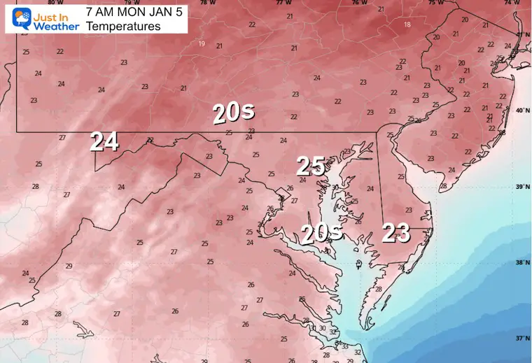January 4 weather temperatures Monday morning
