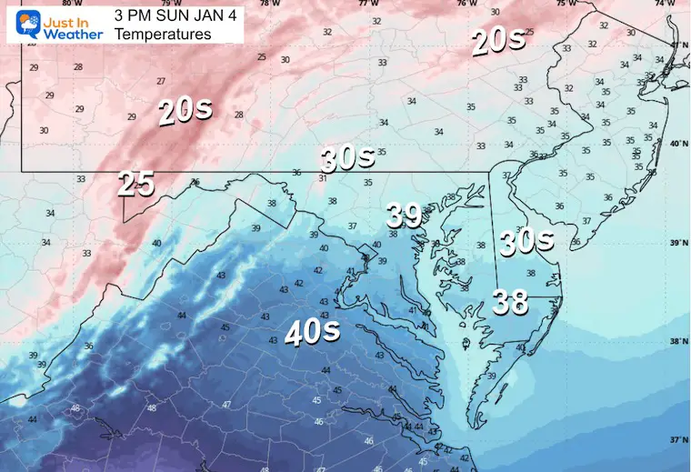 January 4 weather temperatures Sunday afternoon