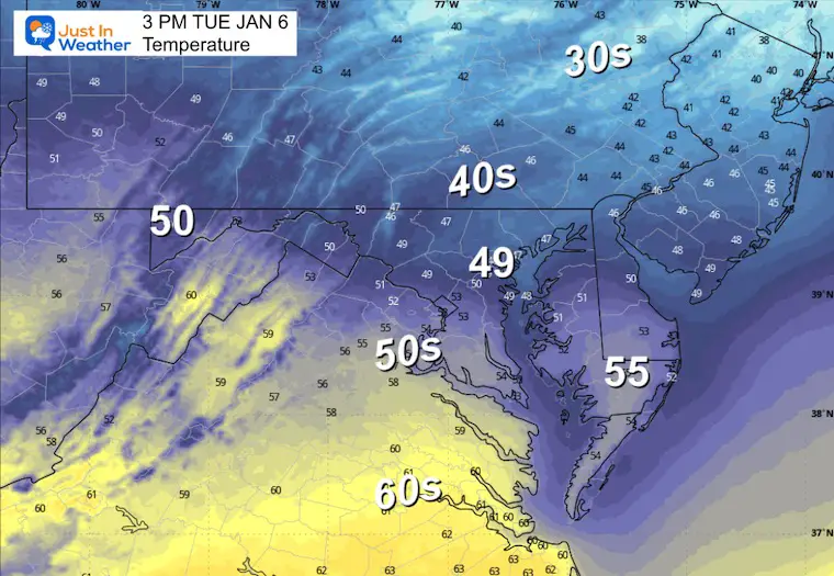 January 5 weather temperature forecast Tuesday afternoon