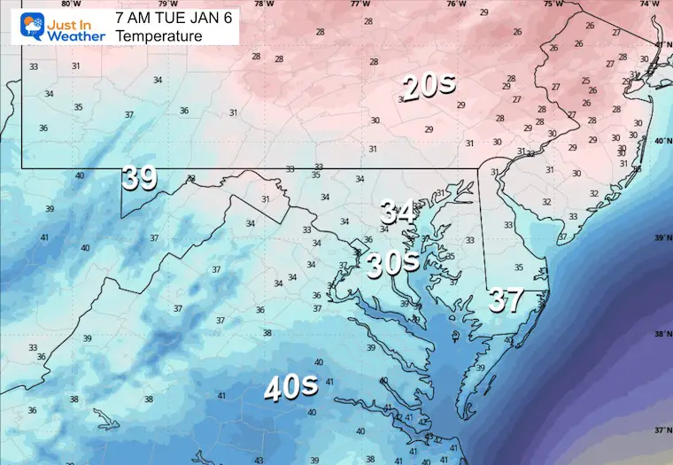 January 5 weather temperature forecast Tuesday morning