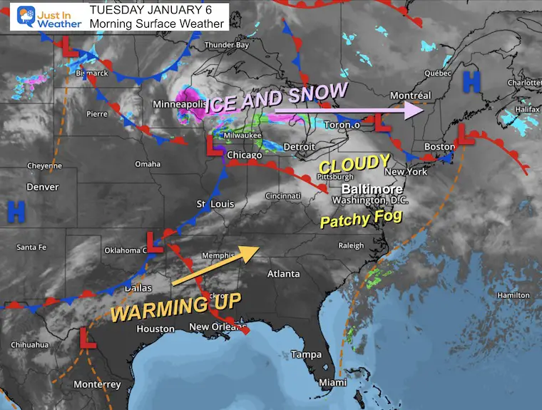 January 6 weather map Tuesday morning