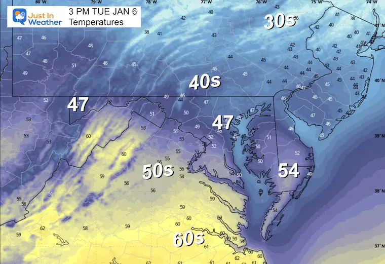 January 6 weather temperatures Tuesday afternoon