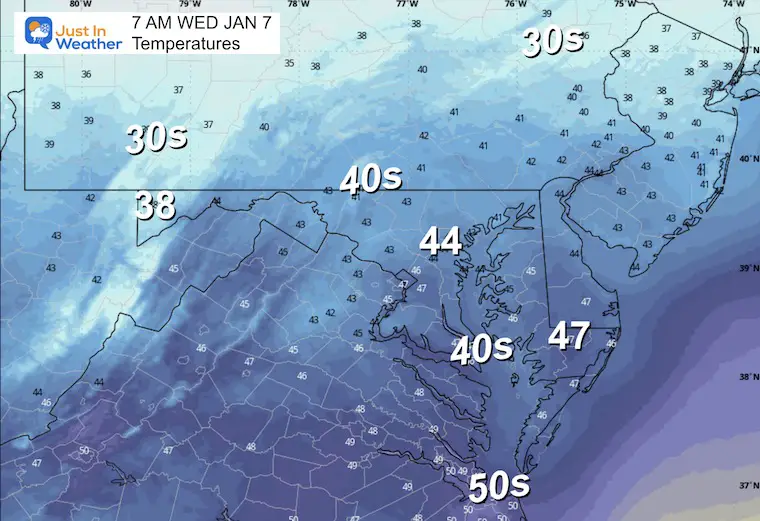 January 6 weather temperatures Wednesday morning