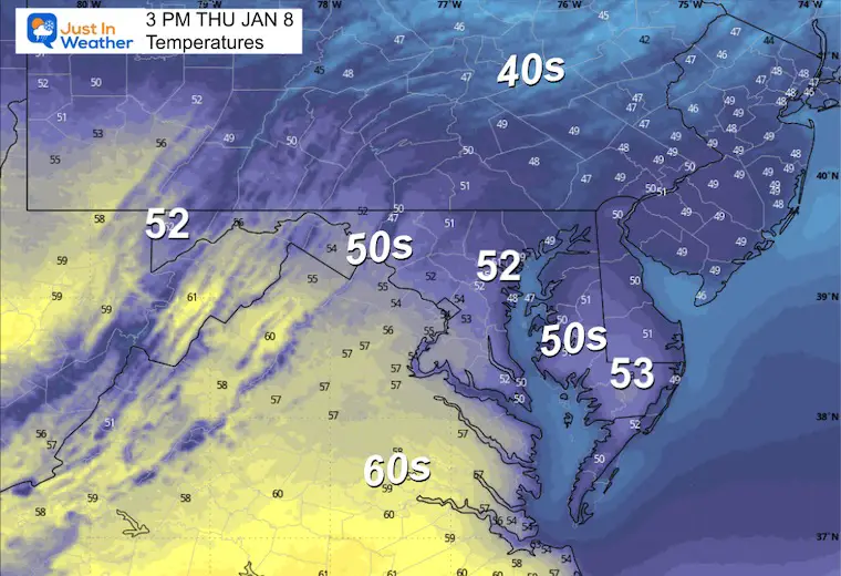 January 7 weather forecast temperatures Thursday afternoon