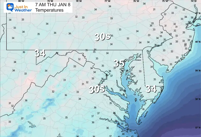 January 7 weather forecast temperatures Thursday morning