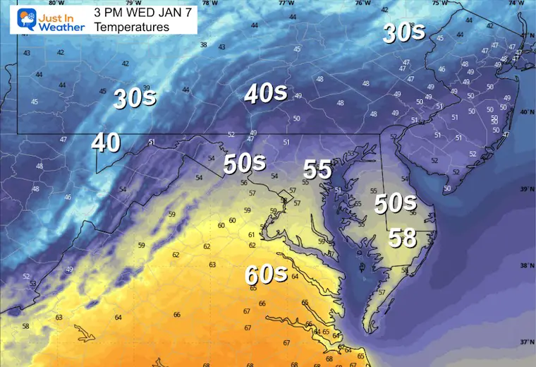 January 7 weather forecast temperatures Wednesday afternoon