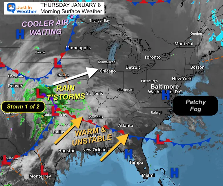 January 8 weather storm map Thursday morning