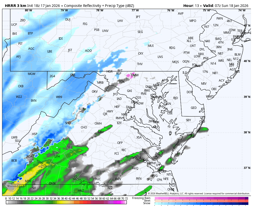 January 17 weather storm forecast snow rain Sunday HRRR