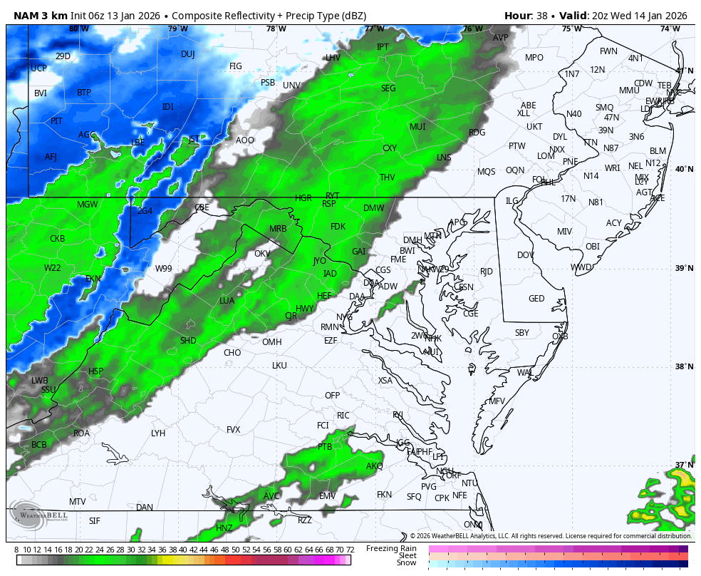 January 13 weather radar rain snow Wednesday to Thursday morning