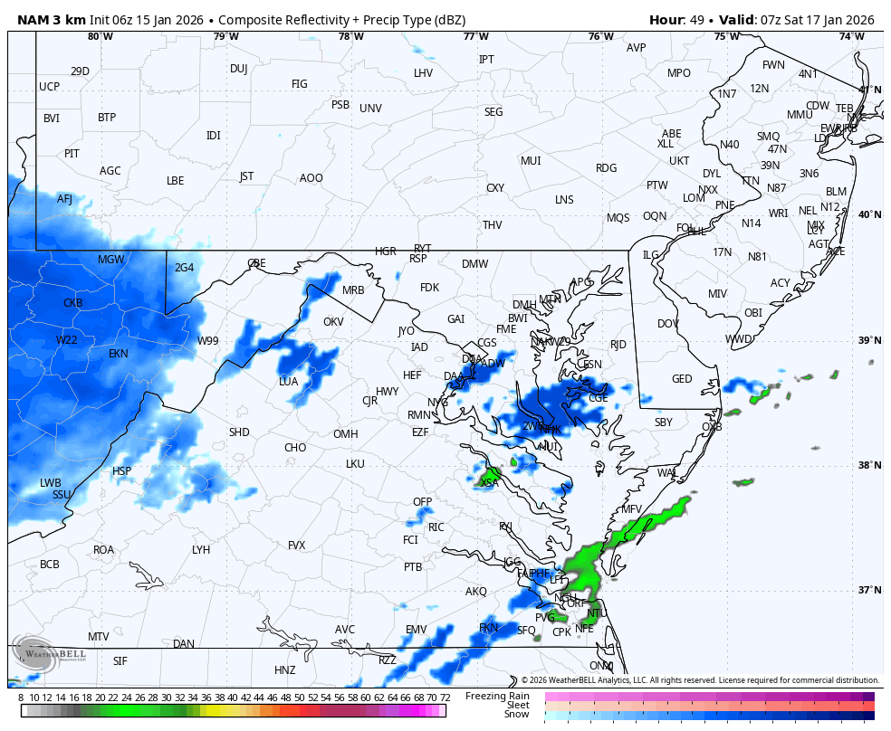 January 15 weather forecast radar snow Saturday