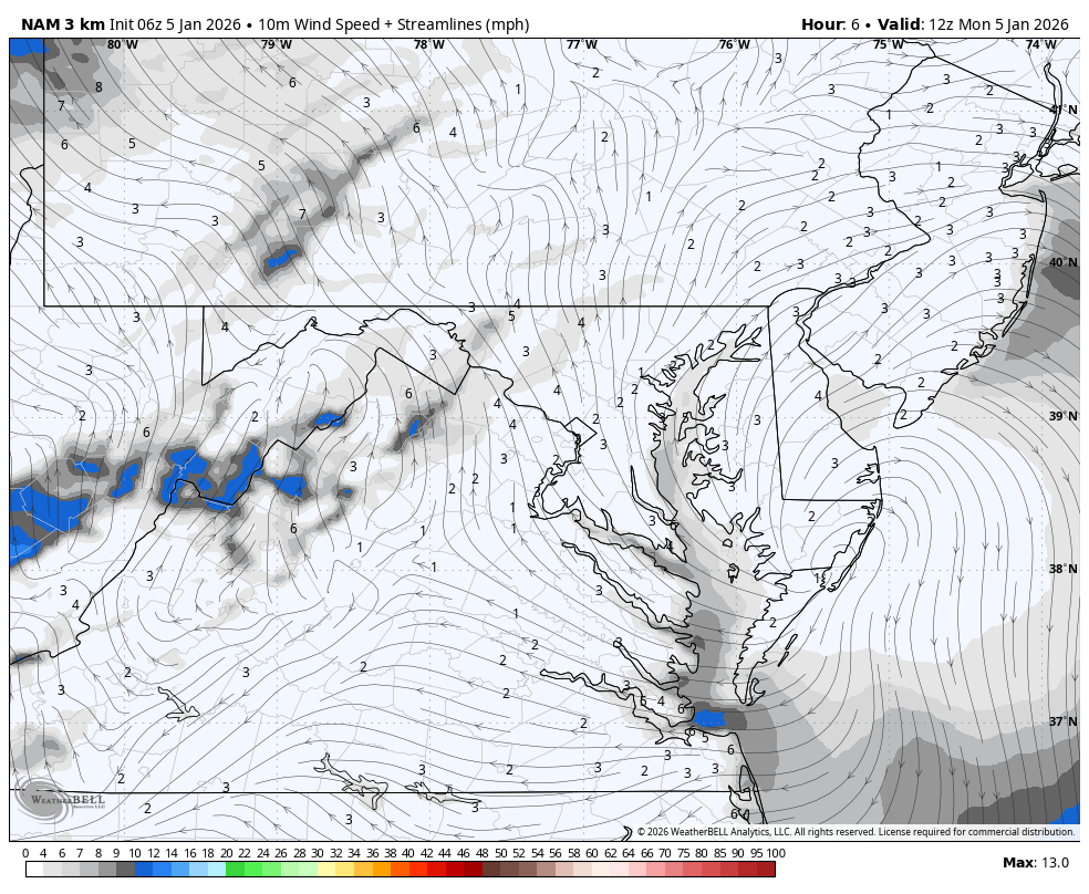 January 5 weather wind forecast Monday
