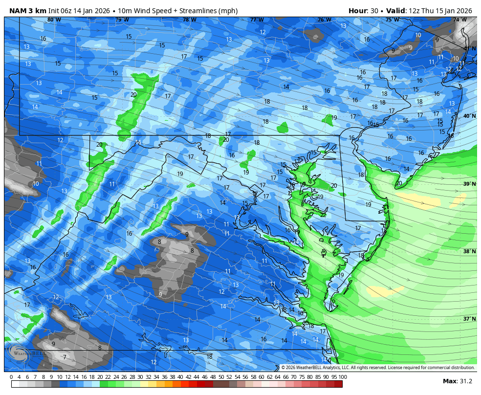 January 14 weather wind forecast Thursday