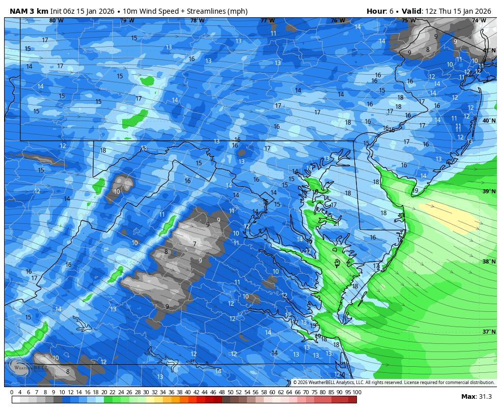 January 15 weather wind forecast Thursday