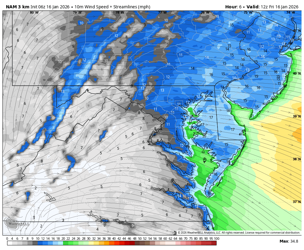 January 16 weather forecast wind Friday